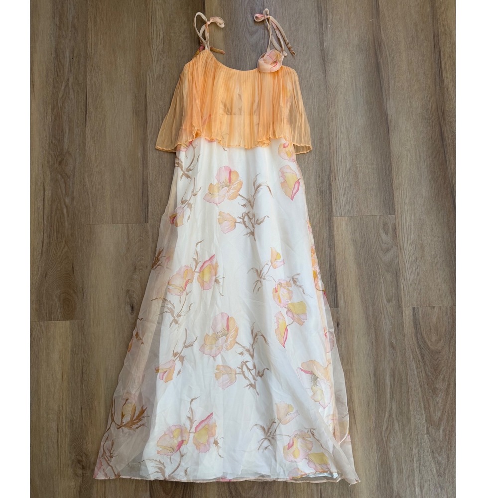 Vtg Handmade Peach Floral Chiffon Maxi Dress Tiered Pleated Bodice prairie fairy